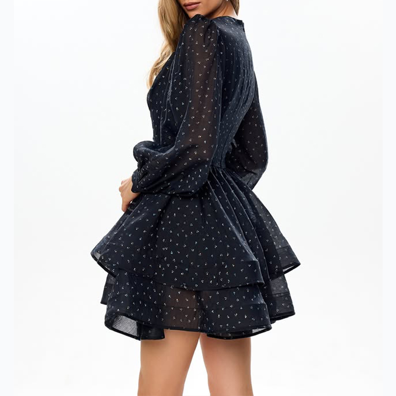 Long Sleeve Dot Print V Neck Dress Mini Short Dress